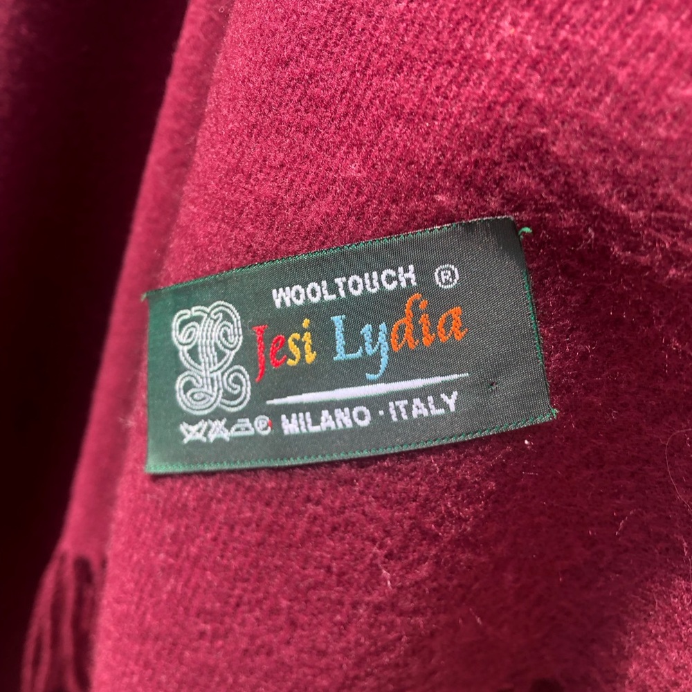 Vintage Jesi Lydia Milano Italy Wool Poncho Cape Fringe Burgundy Novelty Pin